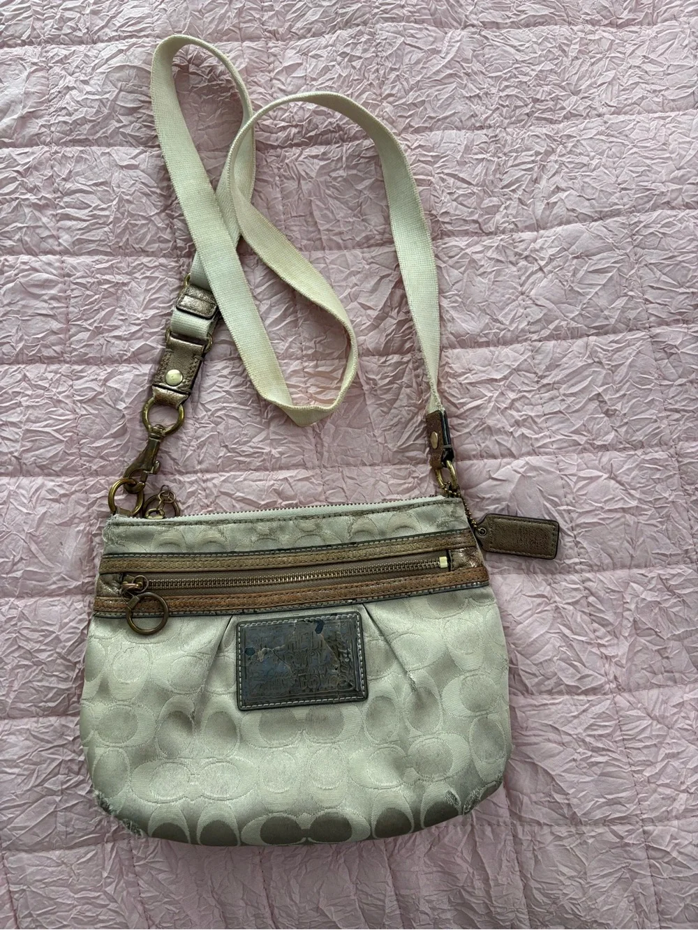 Vintage Y2K Coach Poppy Signature Crossbody Bag - Beige/Gold
